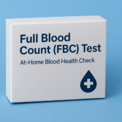 "Full Blood Count (FBC) Test home kit box with blue medical icon, displayed on a light blue background – at-home blood health check UK."
