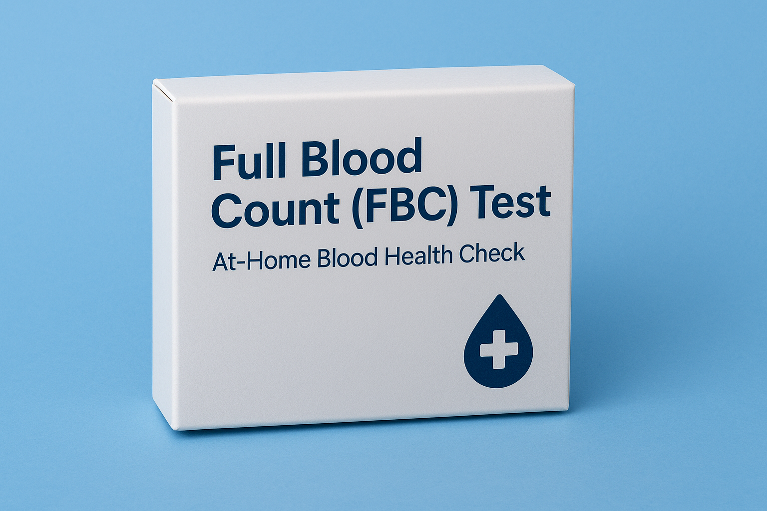 "Full Blood Count (FBC) Test home kit box with blue medical icon, displayed on a light blue background – at-home blood health check UK."