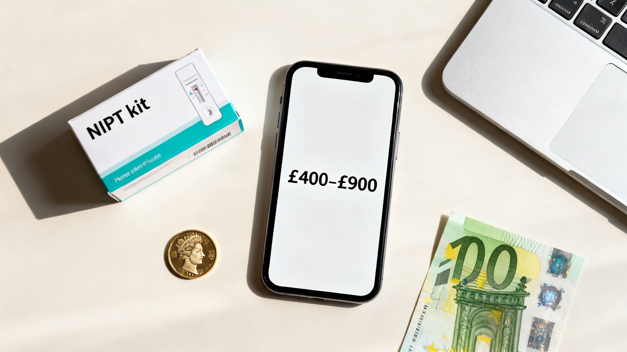A NIPT kit box, a smartphone displaying a price range (£400-£900), a gold coin, and a 100 Euro banknote.