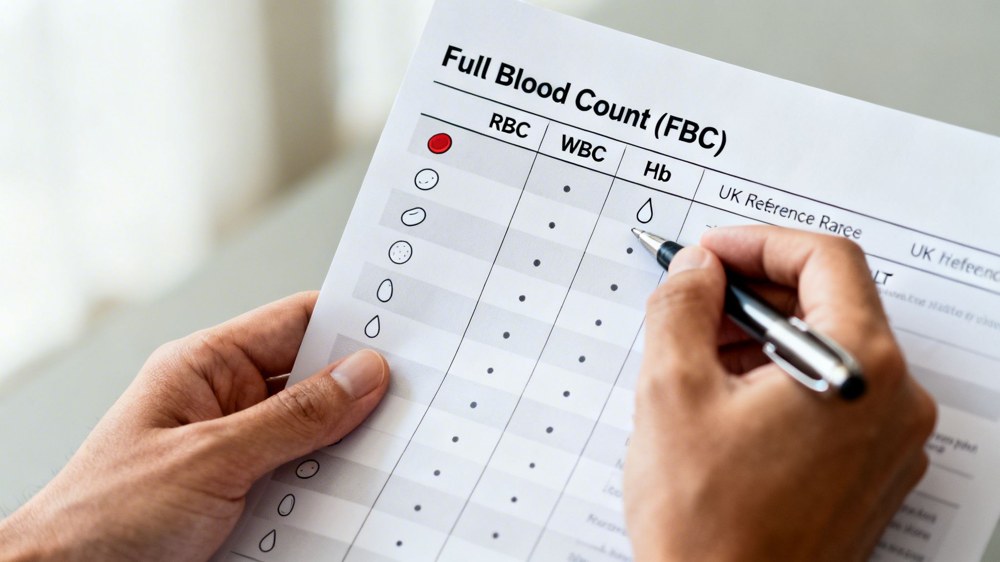 Hands interpreting a Full Blood Count (FBC) blood test result sheet, pointing to values with a pen.