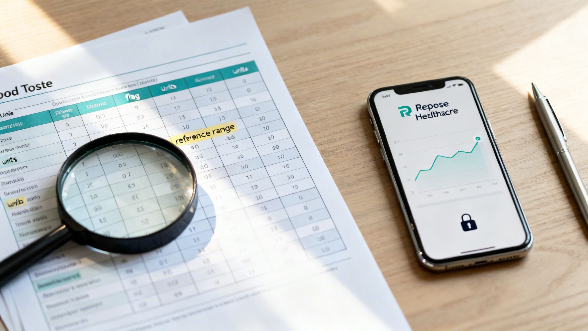 A magnifying glass on blood test results next to a smartphone showing a Repose Healthcare app.