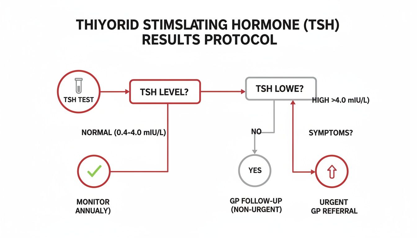 A flowchart outlining the TSH (Thyroid Stimulating Hormone) test results interpretation protocol.
