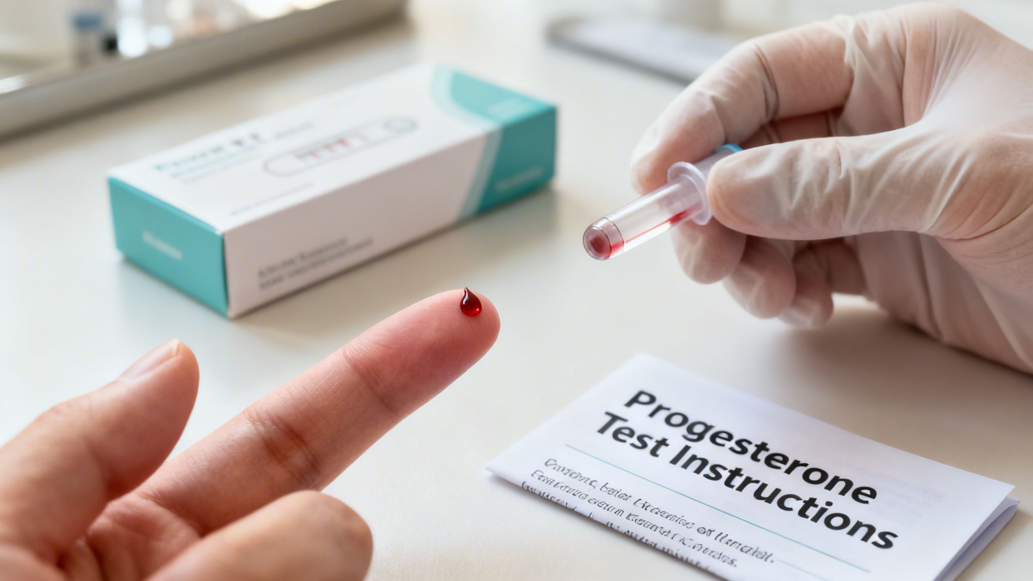 A finger with a blood drop, a gloved hand holding a blood sample, and 'Progesterone Test Instructions' for home hormone testing.