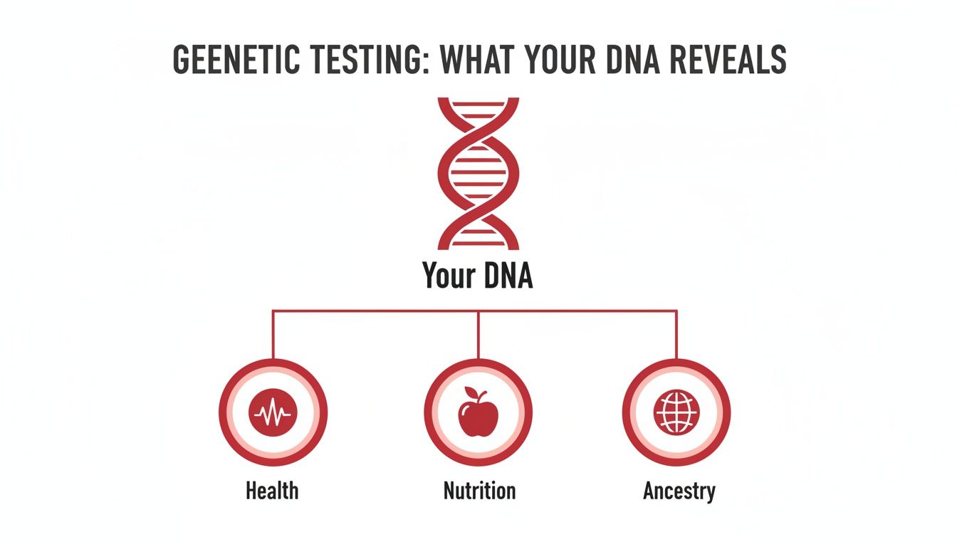 Infographic showing a DNA helix, with branches revealing health, nutrition, and ancestry information.