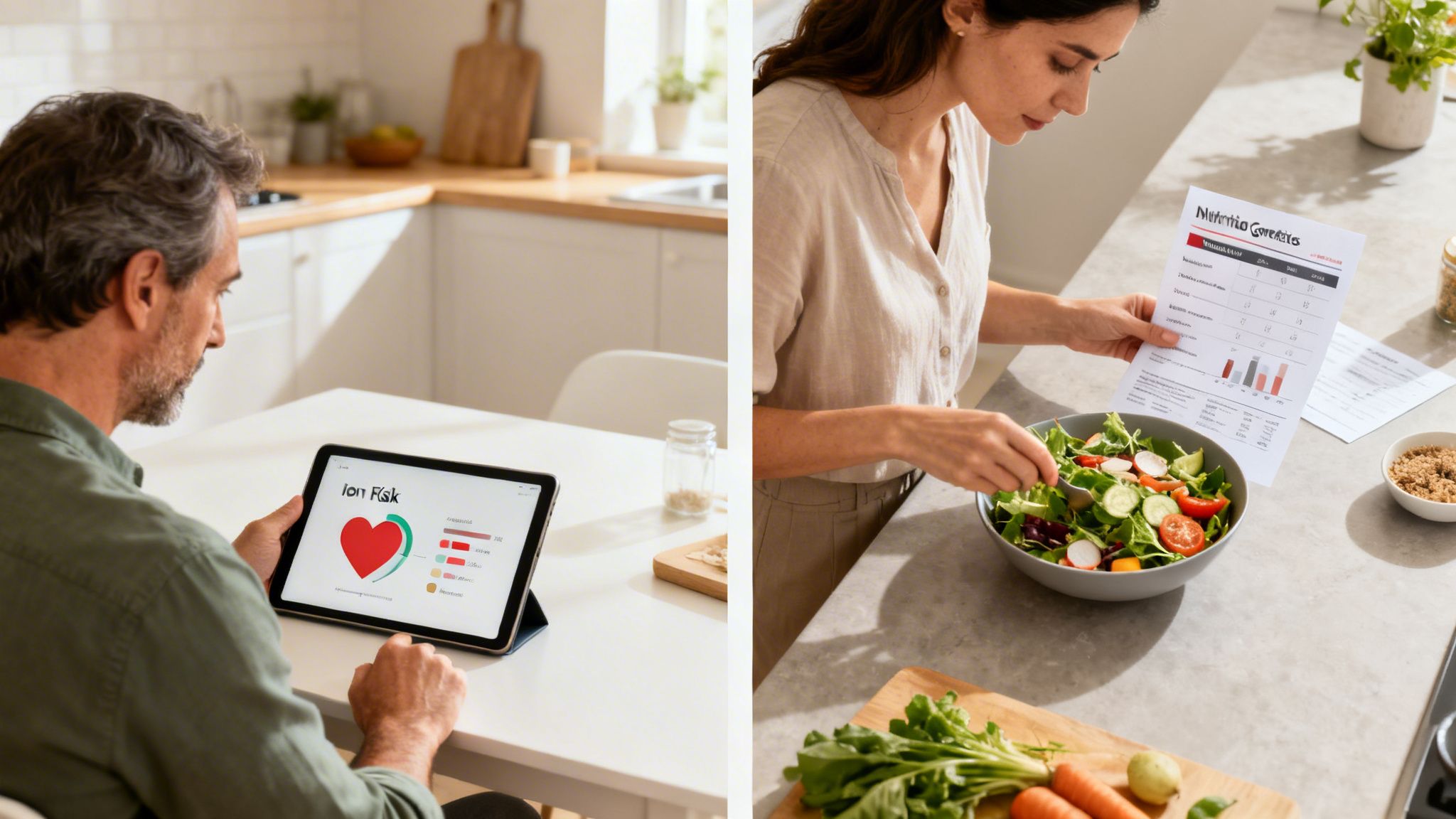 A man views heart risk data on a tablet, while a woman prepares a salad with a nutrition report.