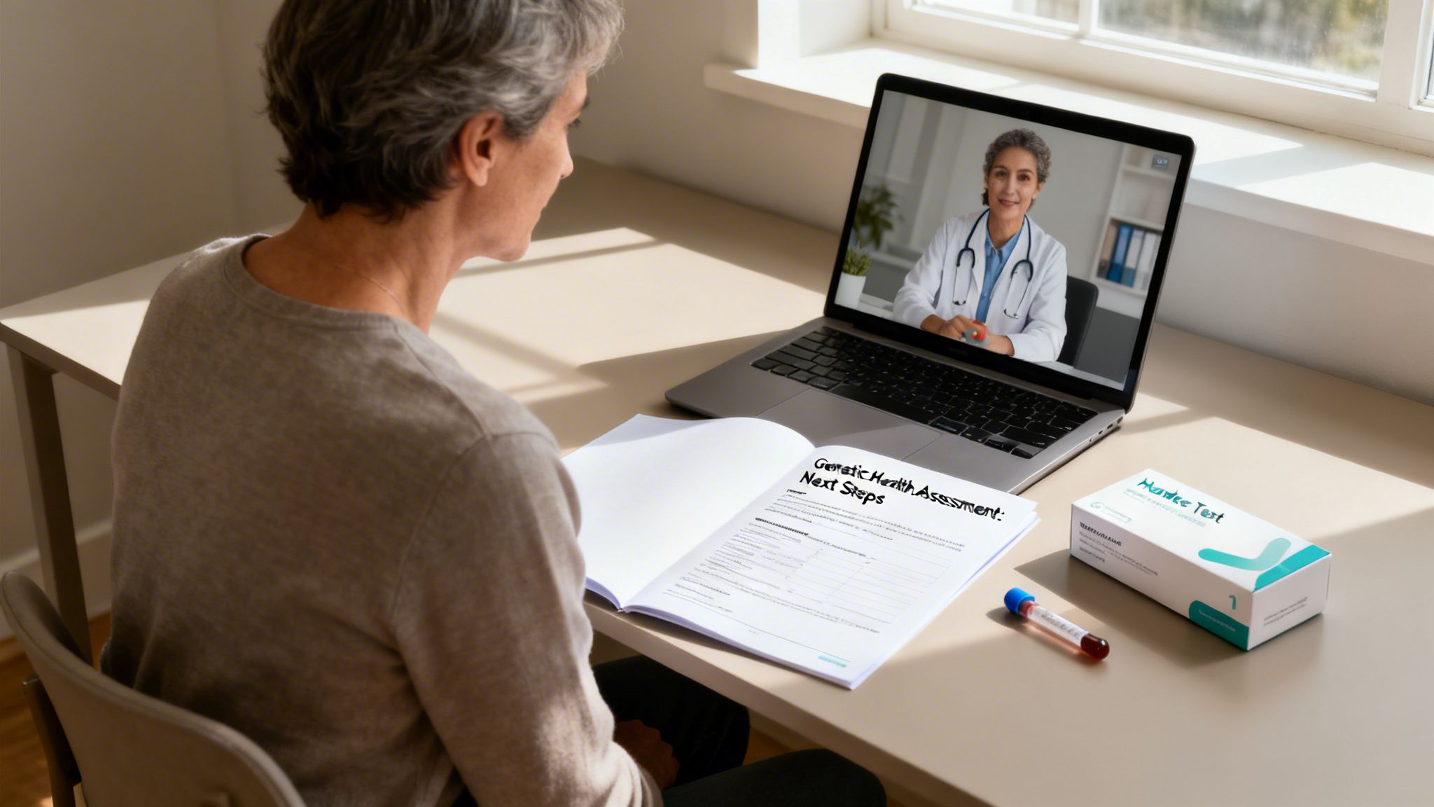 An older woman discusses genetic health assessment next steps with a doctor via video call, with a genetic testing kit.