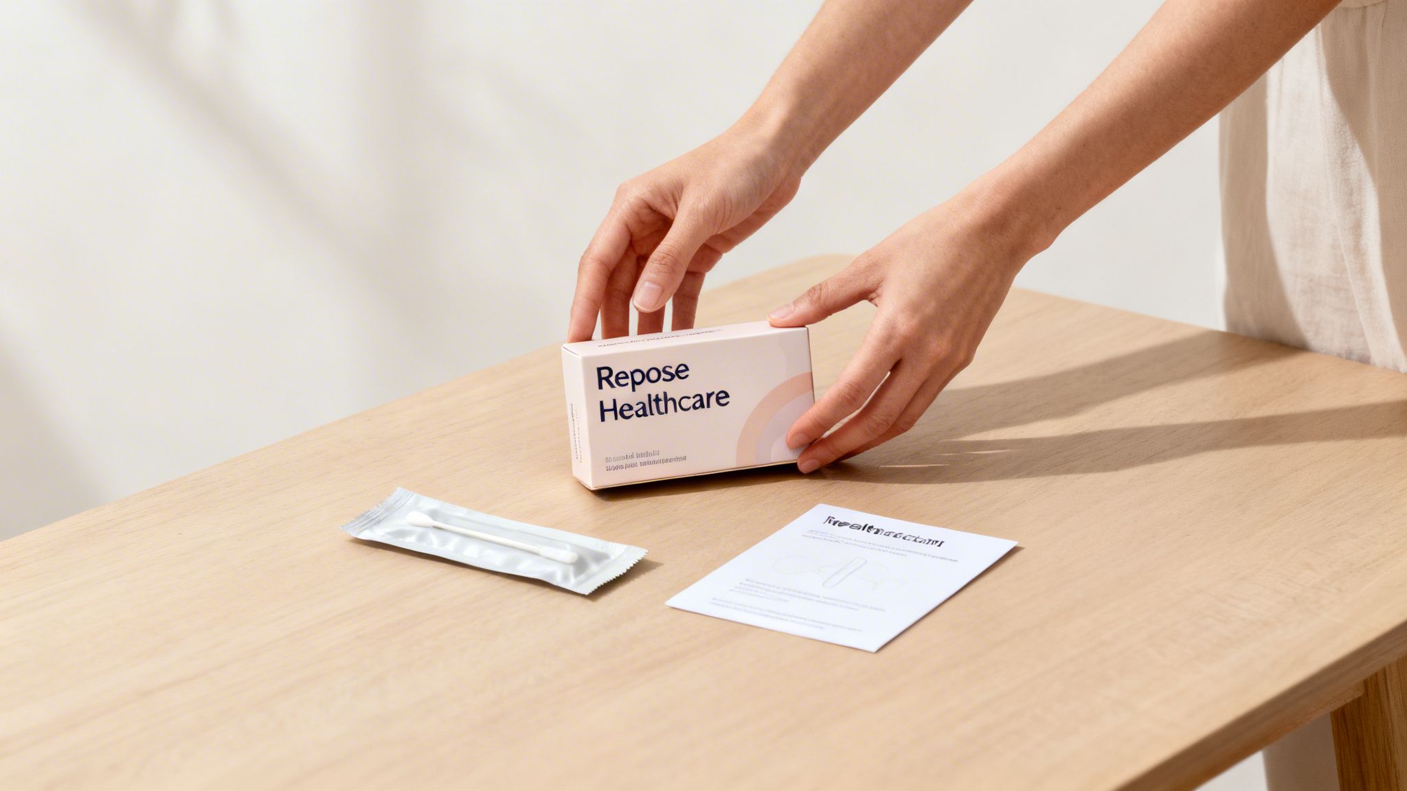 A person's hands placing a 'Repose Healthcare' box on a table with a swab and instructions for a health screening kit.