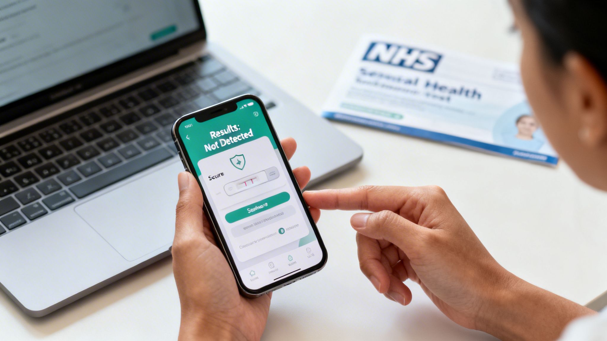 Person checking sexual health test results on a smartphone app, with an NHS leaflet nearby.