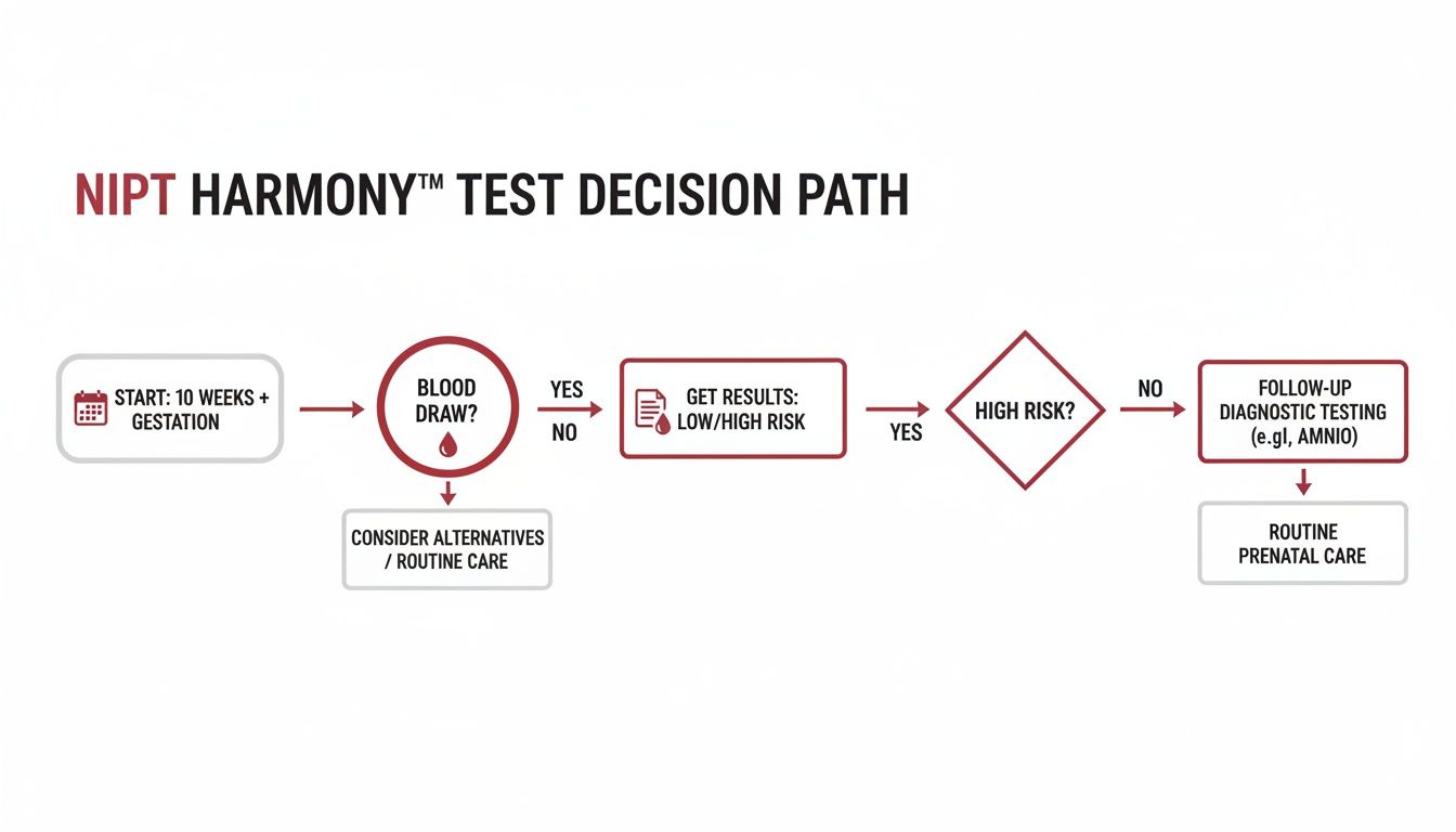 A detailed flowchart illustrating the NIPT Harmony™ test decision path for pregnancy screening.