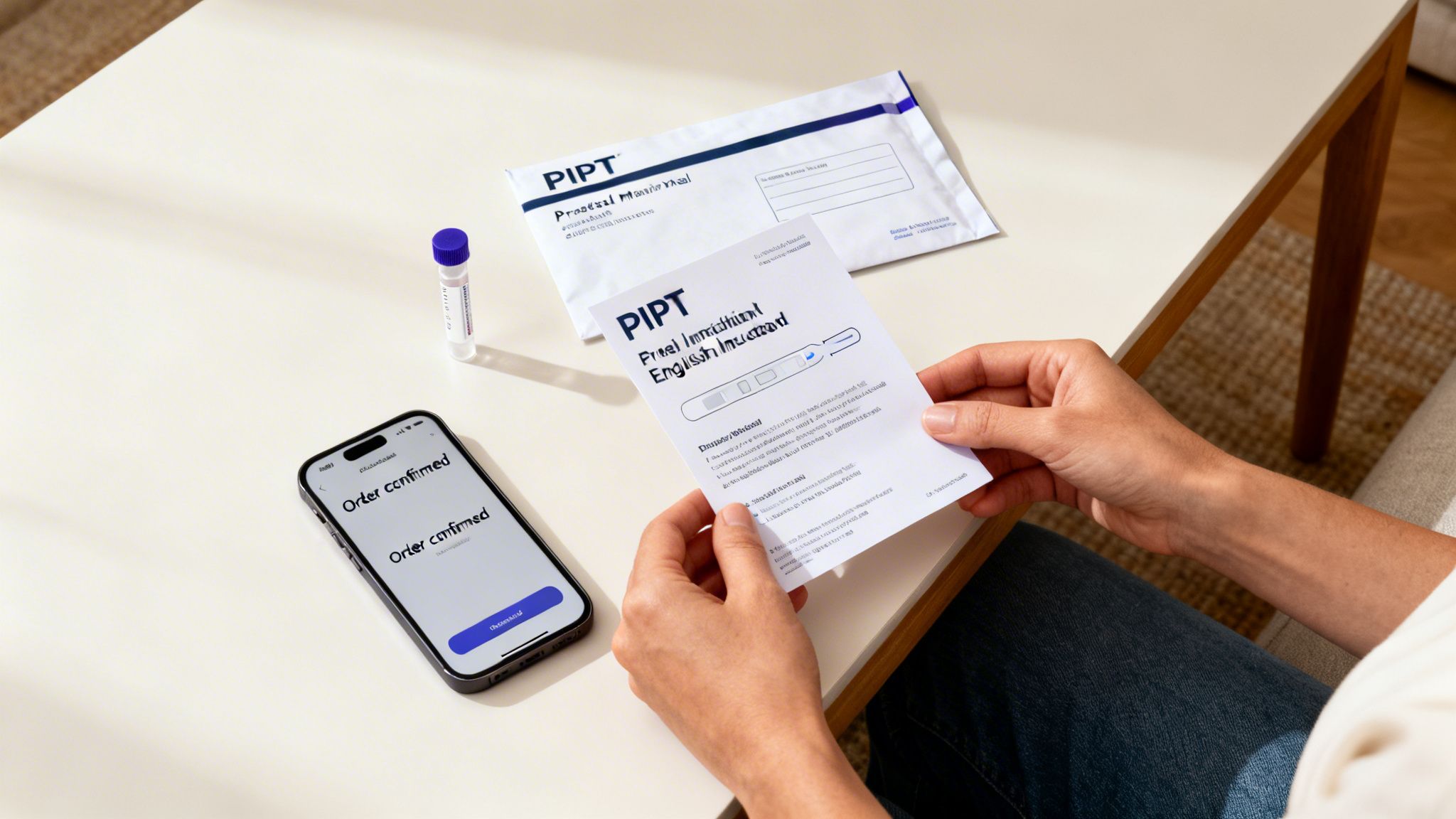 Hands holding PIPT prenatal testing documents, with an 'Order confirmed' screen on a smartphone.