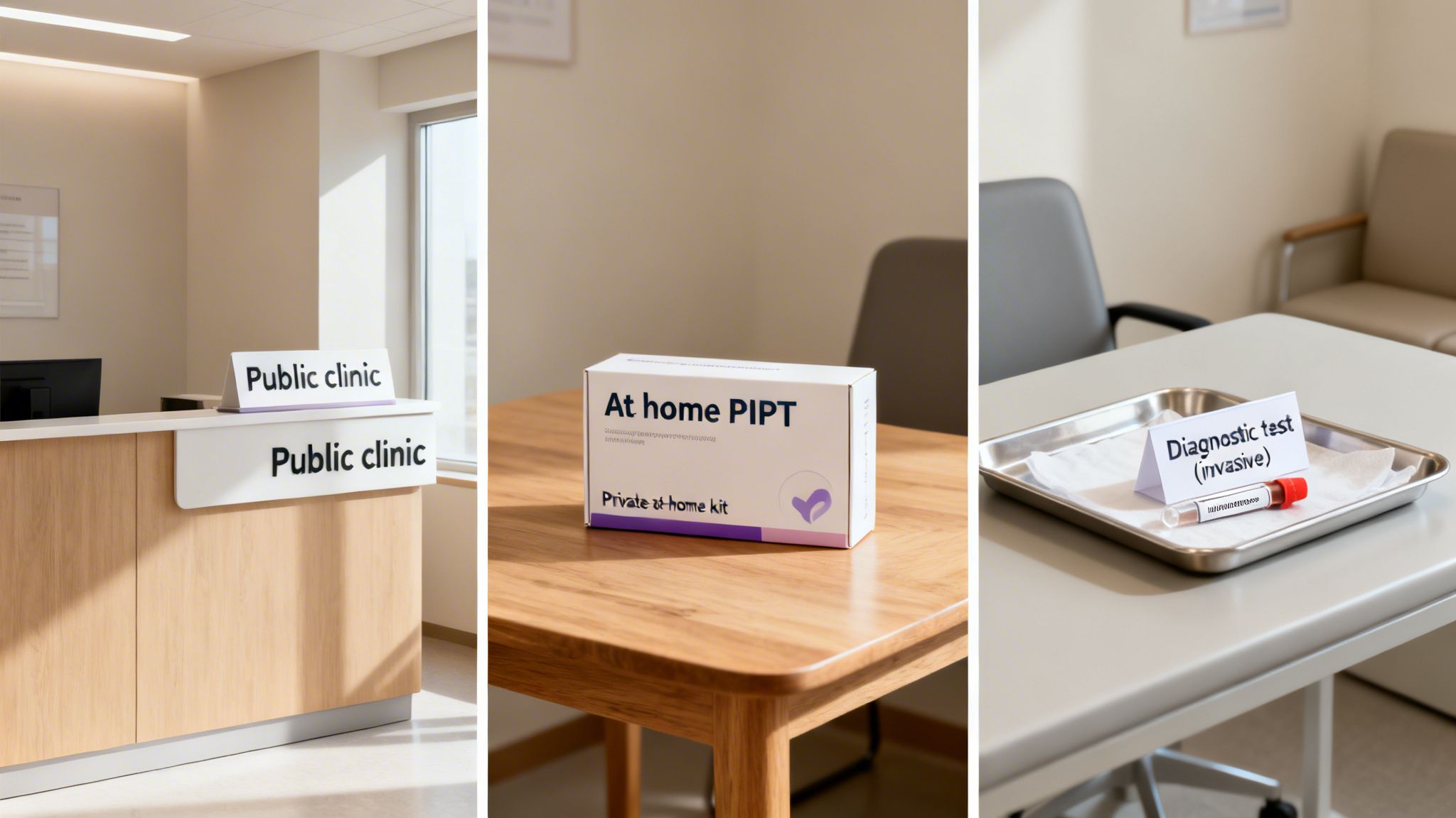 Three panels showing a public clinic reception, an at-home medical test kit, and an invasive diagnostic test.